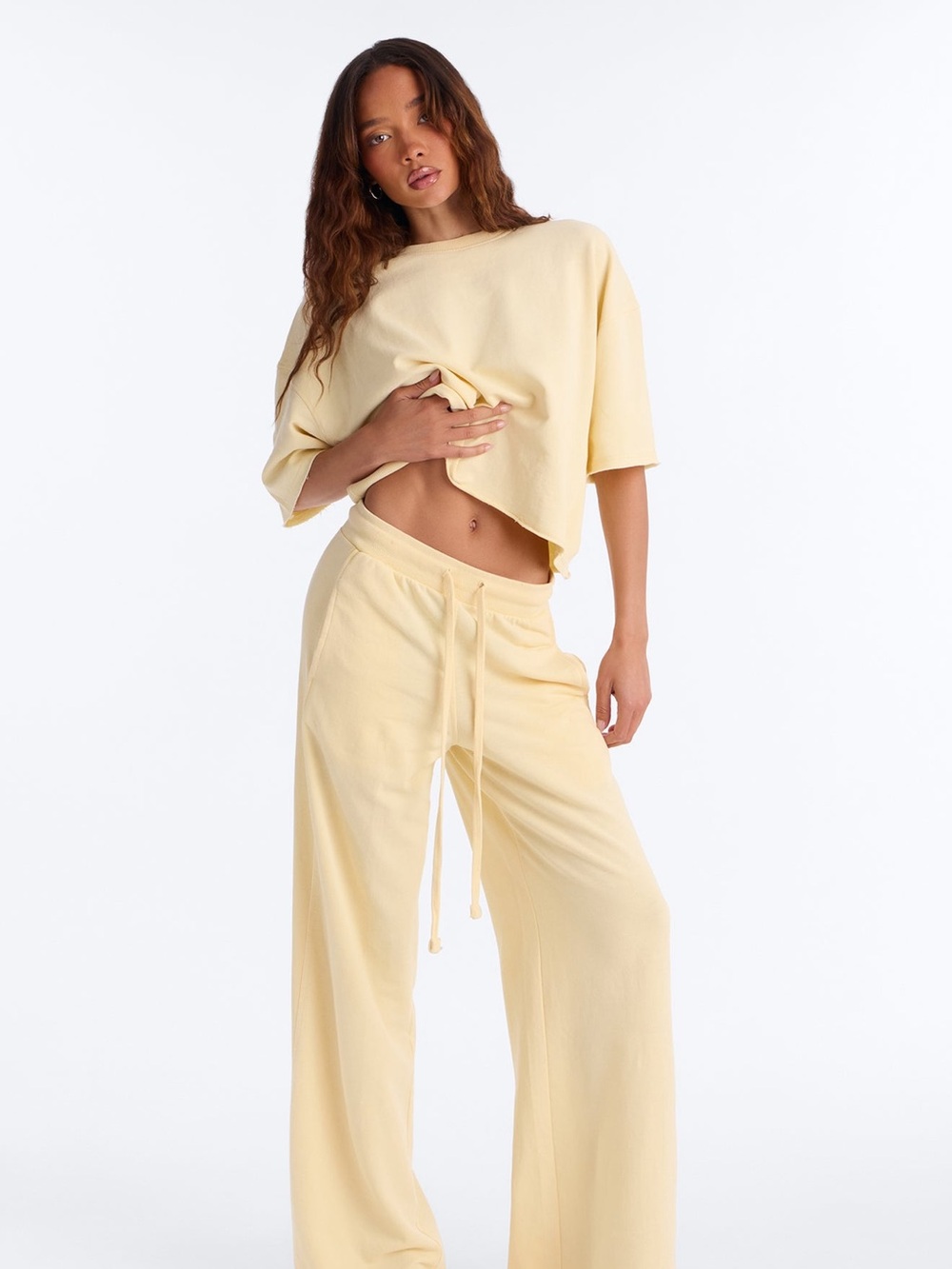 Women's Yellow Wide-Leg Lounge Set- Soft Drawstring Waist